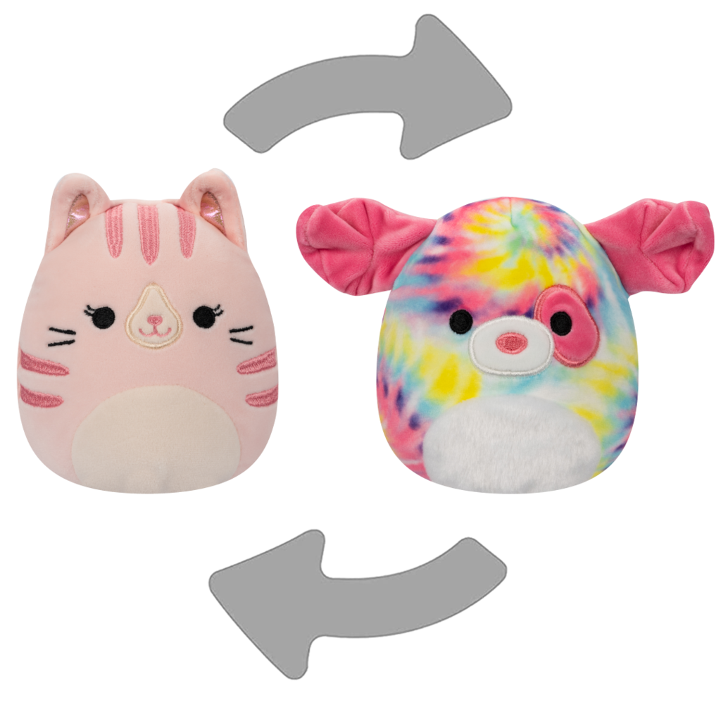 SQUISHMALLOWS Flip-A-Mallow Laura the Cat/Shena the Rainbow Tie-Dye Dog