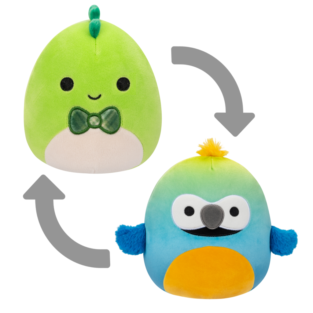 SQUISHMALLOWS Flip-A-Mallows Danny the Green Dino/Baptise the Blue and Yellow Macaw