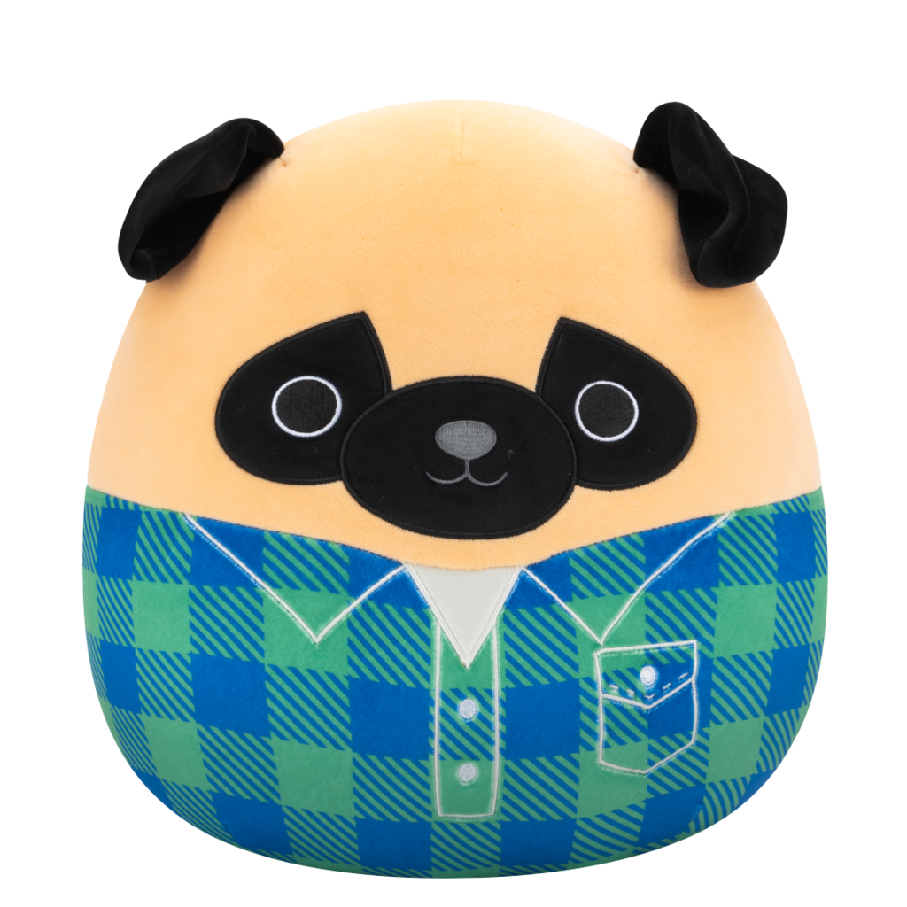 SQUISHMALLOWS Mopslík vo flanelovej košeli - Prince, 30 cm